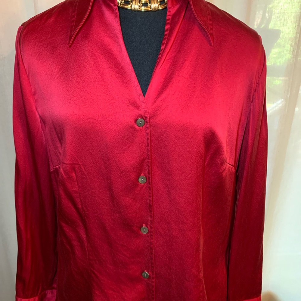 Tesori Red Satin Button-Up Blouse